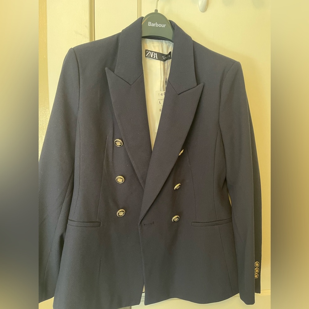 Zara navy double breasted blazer size L brand new with tags
